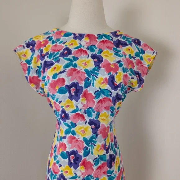 Vintage Floral Mini Dress Open Back Short Sleeve Dollman Fitted Tight Pencil - Picture 6 of 11